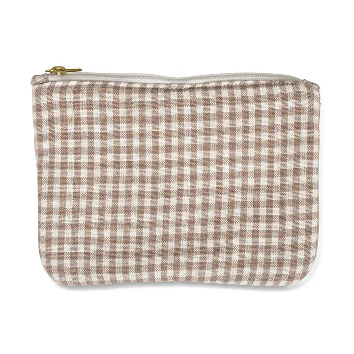 Small sand and cream gingham zip pouch with a rectangular shape and gold-toned zip.