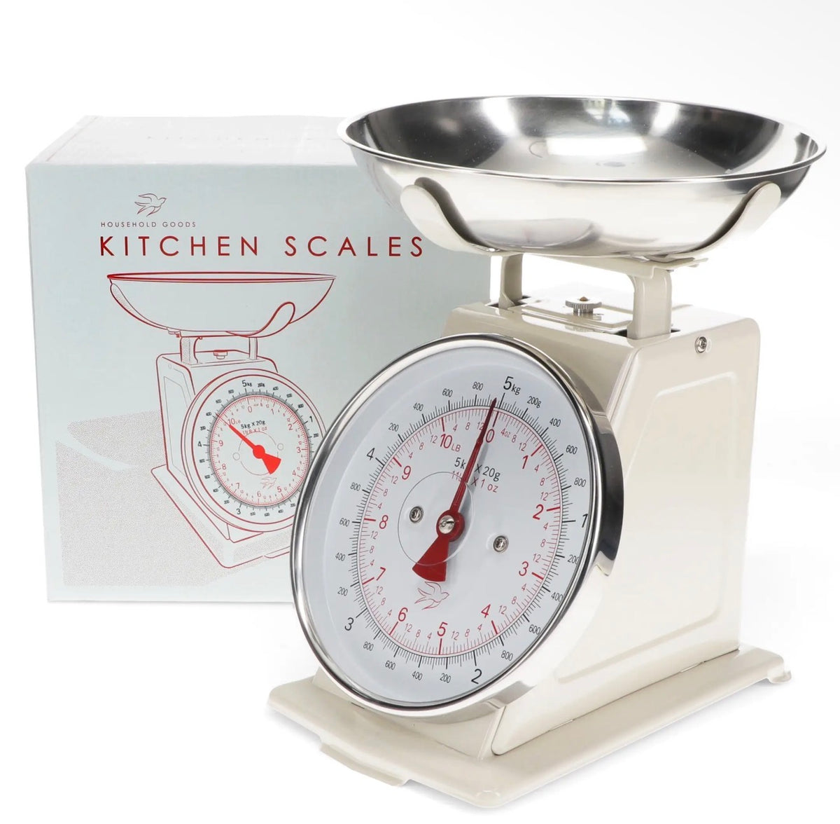 Cream kitchen scales with a large round measurement dial and removable stainless steel weighing bowl.