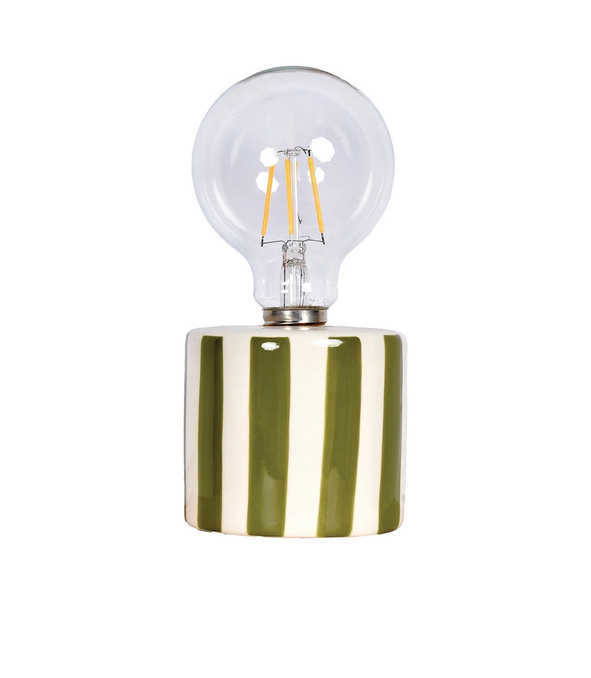 Khaki and cream striped ceramic table lamp with a rounded base and exposed globe bulb.