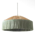 Sage green fringed pendant lampshade with a natural woven top and wide rounded shape.