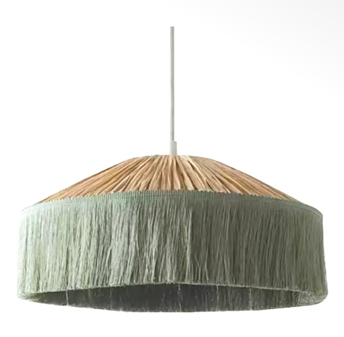 Sage green fringed pendant lampshade with a natural woven top and wide rounded shape.
