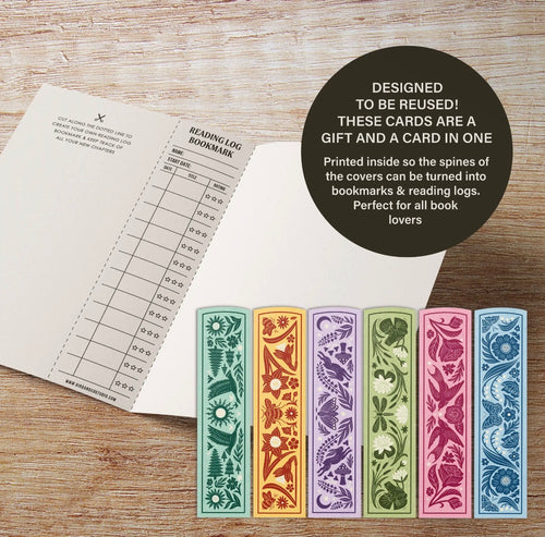 Inside of a new baby greeting card showing the detachable bookmark and reading log feature.