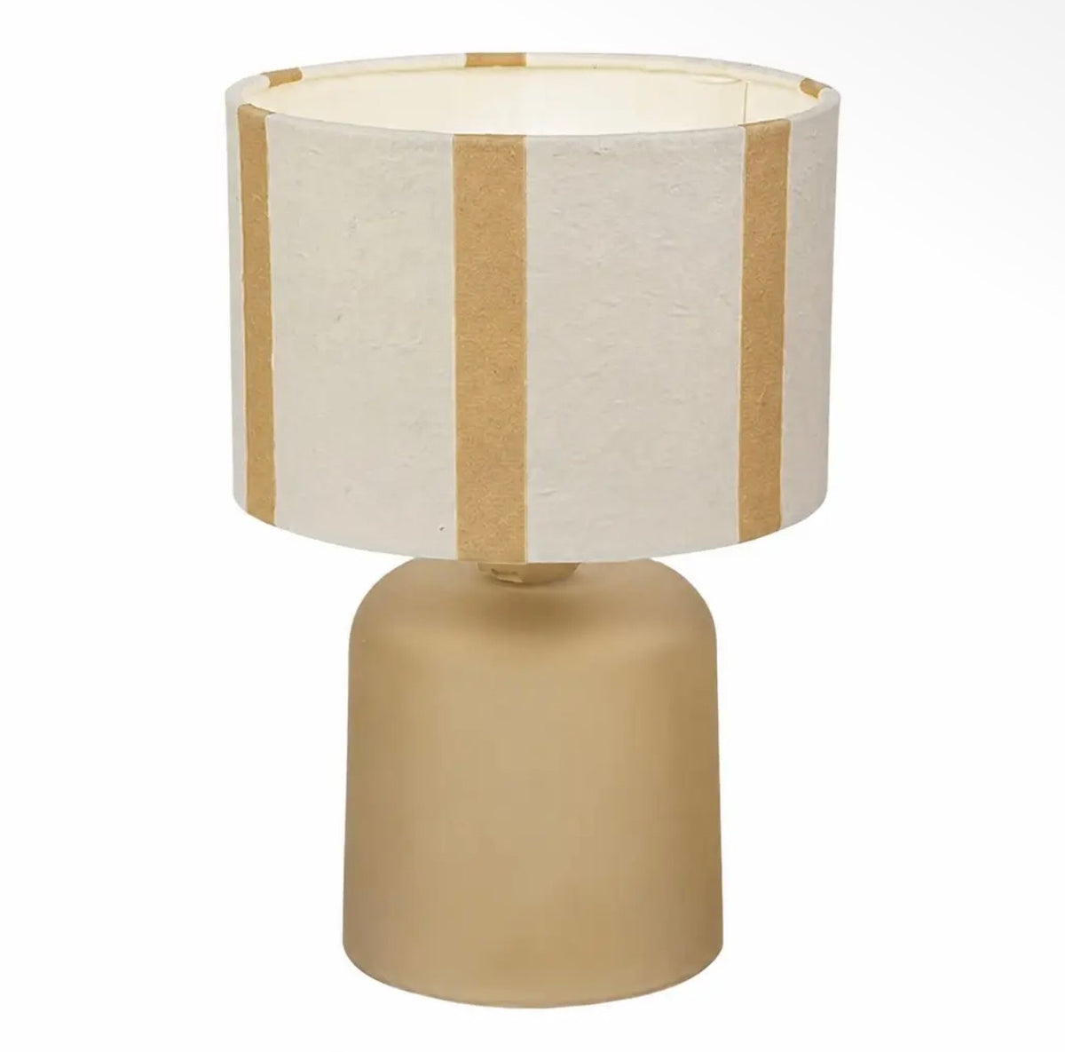 Yellow table lamp with a yellow striped fabric shade.