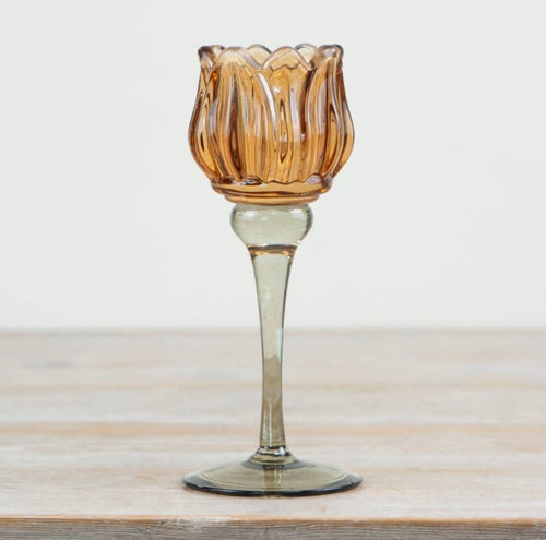 Amber flower glass tealight holder with a fluted design for cosy home décor.