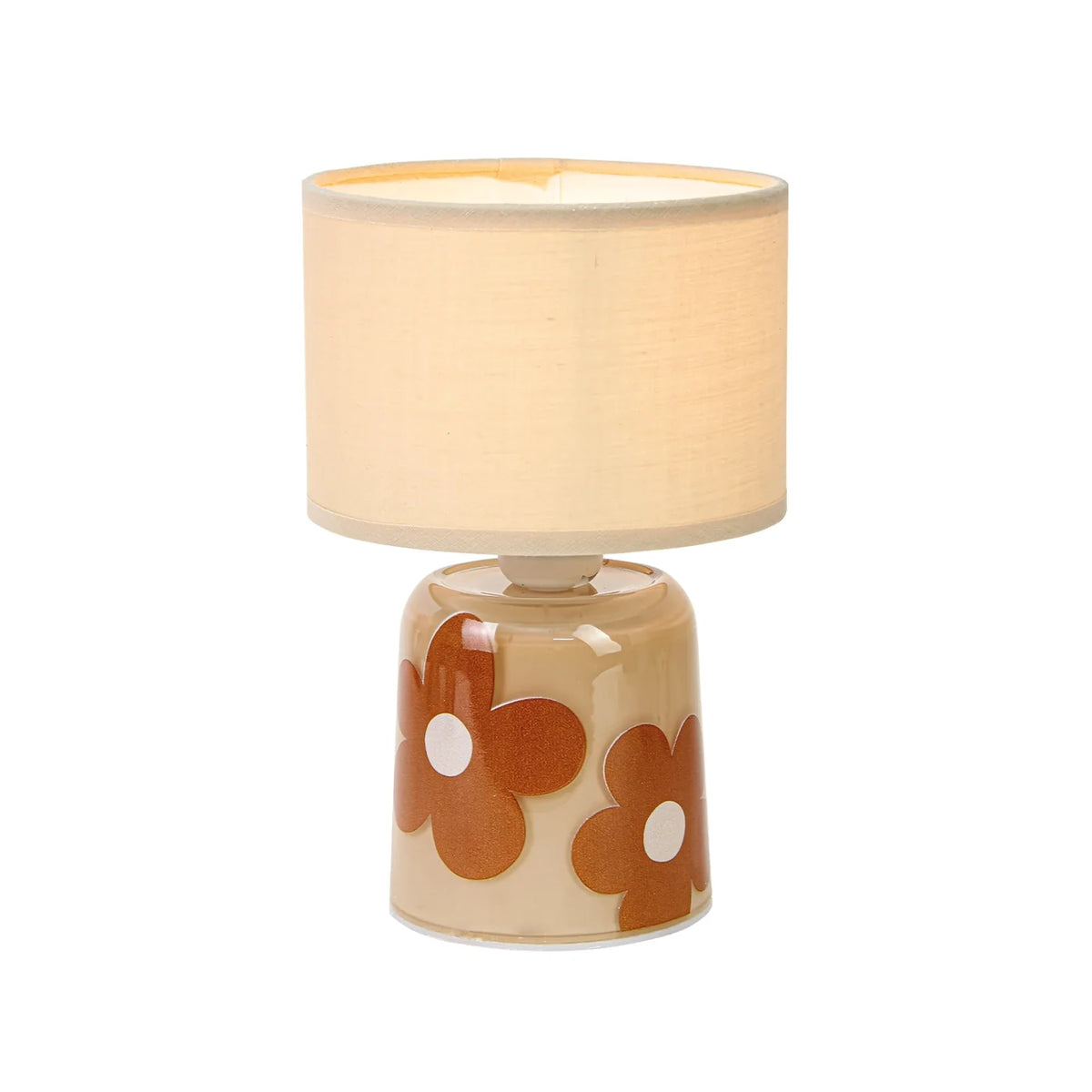 Beige table lamp with bold orange flower detailing and a simple cream fabric shade.