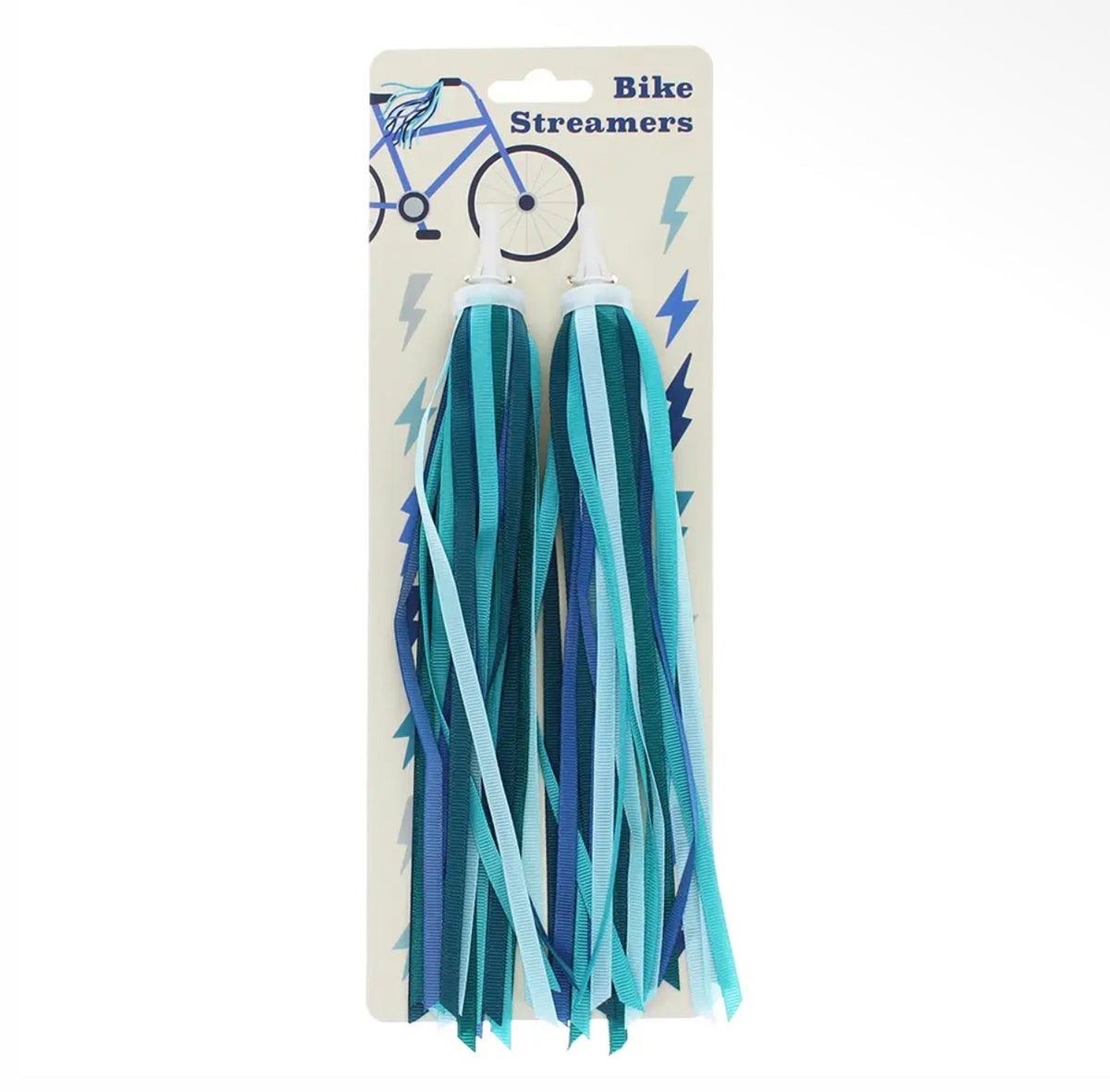 Pair of blue bicycle streamers with long turquoise, aqua and navy ribbons for attaching to bike handlebars.