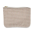 Small sand and cream gingham zip pouch with a rectangular shape and gold-toned zip.