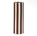 Tall brown and cream striped ceramic vase with vertical stripes and a softly scalloped rim.