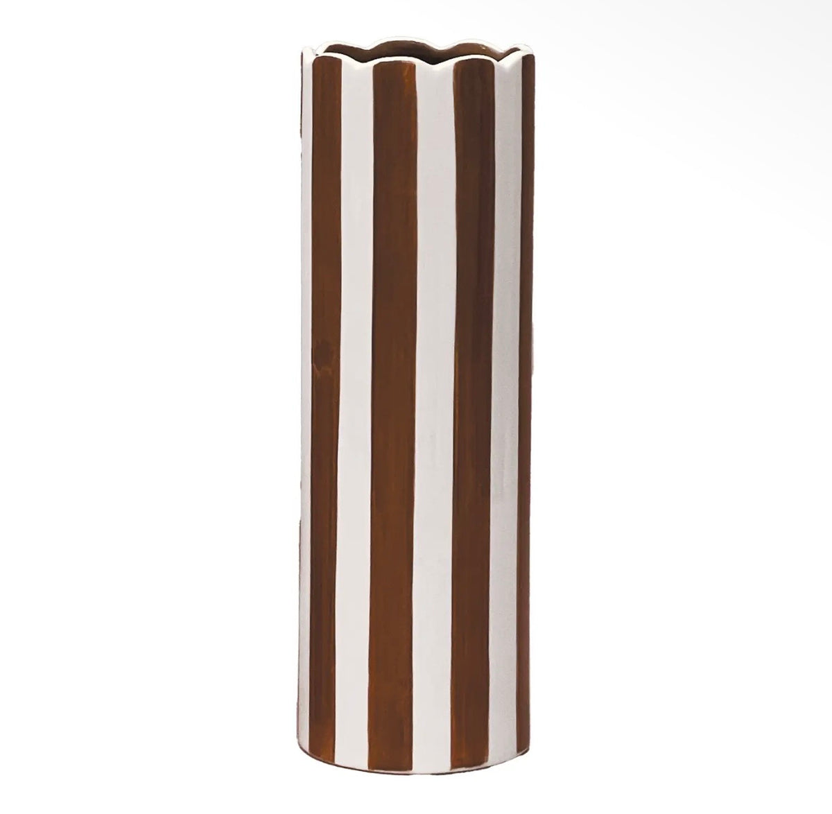 Tall brown and cream striped ceramic vase with vertical stripes and a softly scalloped rim.