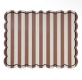 Rectangular brown and cream striped placemat with a scalloped edge and contrasting dark stitched border.