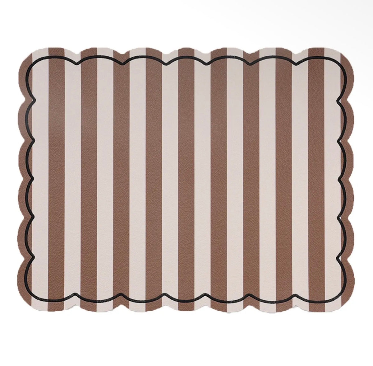 Rectangular brown and cream striped placemat with a scalloped edge and contrasting dark stitched border.