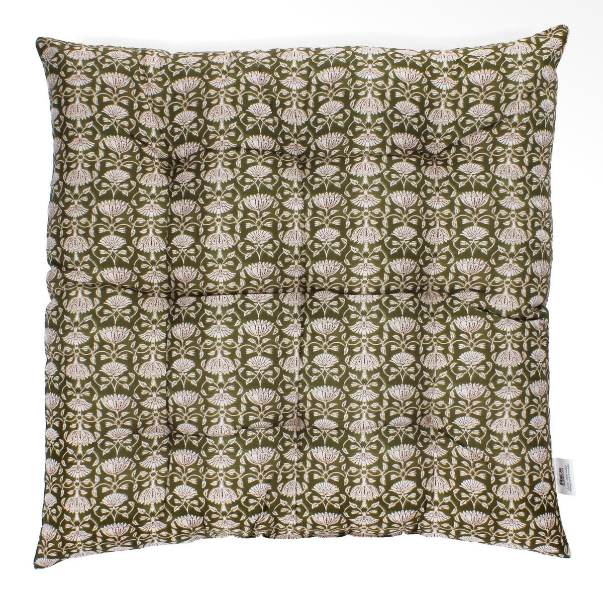 Square brown seat pad cushion with an all-over cream and blush lily floral pattern.