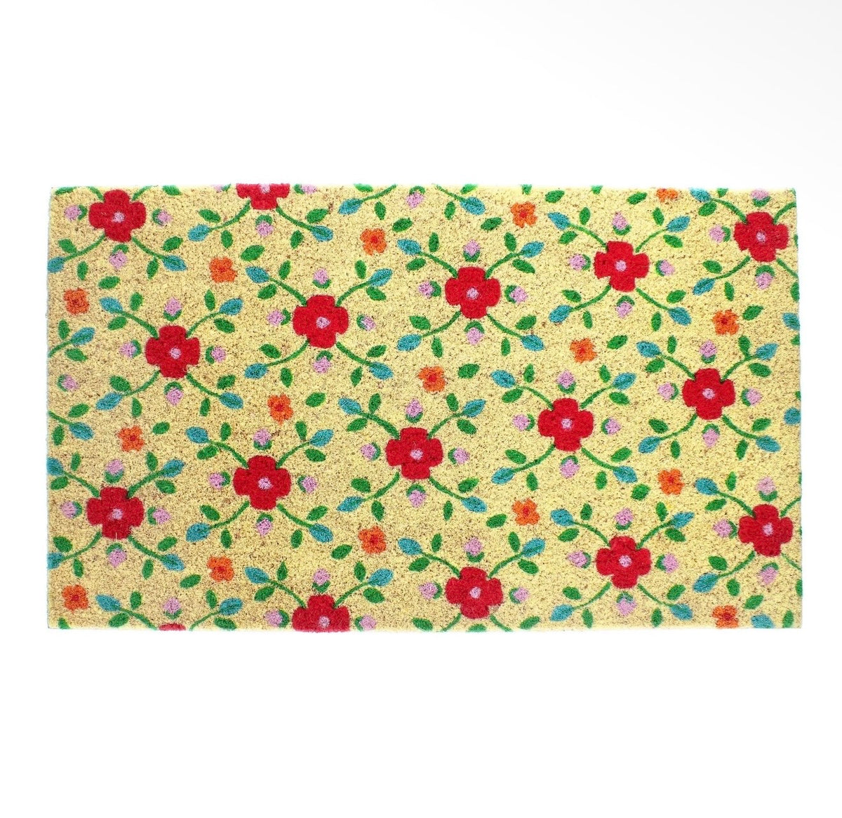 Natural rectangular doormat with a colourful floral pattern of red, orange and lilac flowers with green leaves.