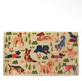Natural doormat printed with colourful dogs, flowers, trees and greenery in a playful all-over design.