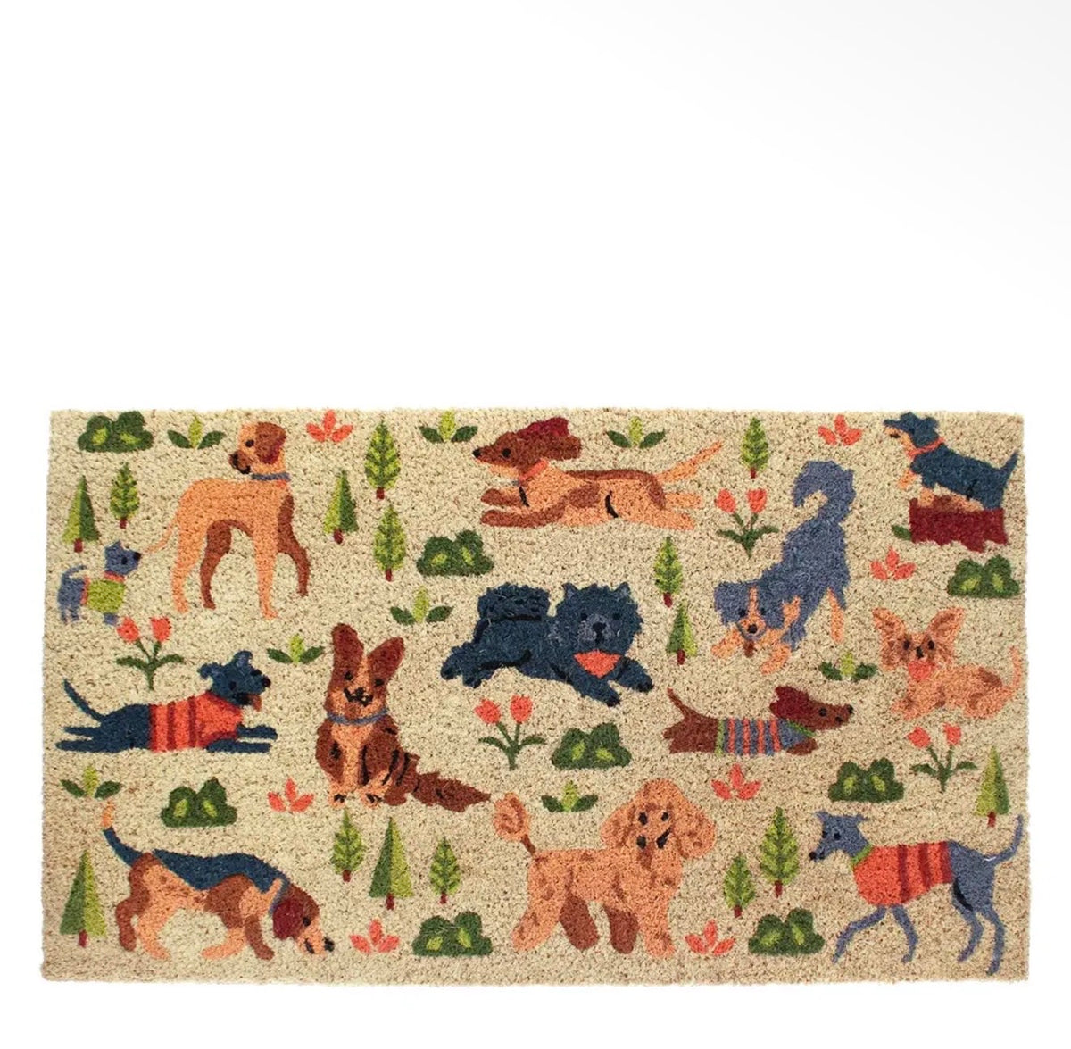 Natural doormat printed with colourful dogs, flowers, trees and greenery in a playful all-over design.