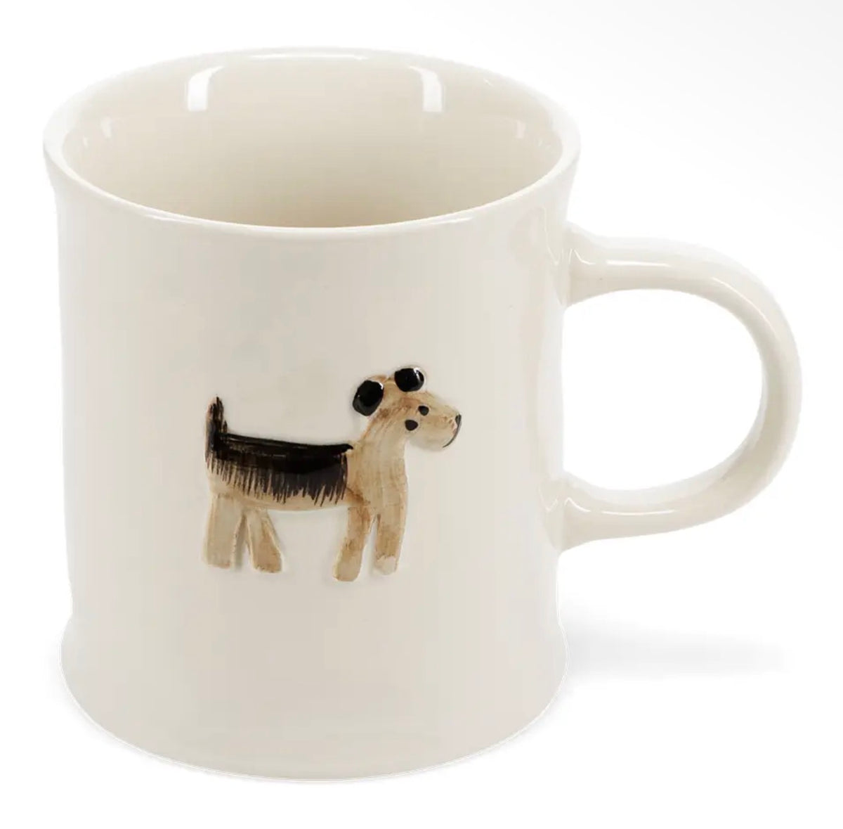 Cream stoneware mug featuring a small illustrated black and tan dog on the front.
