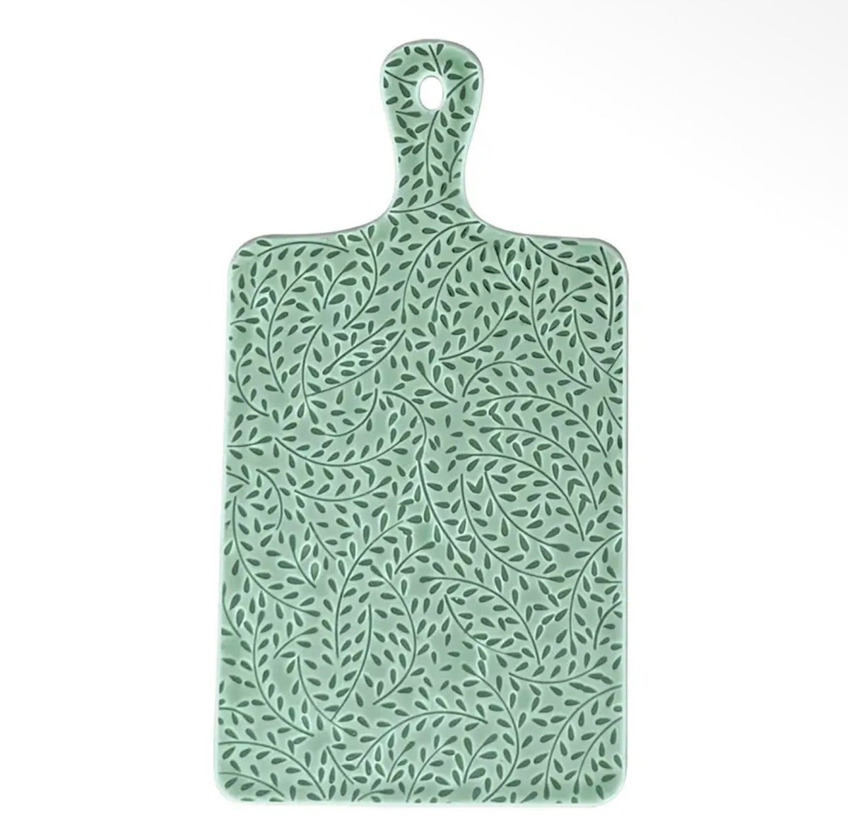 Green rectangular serving board with an intricate dark green trailing leaf pattern and handle.