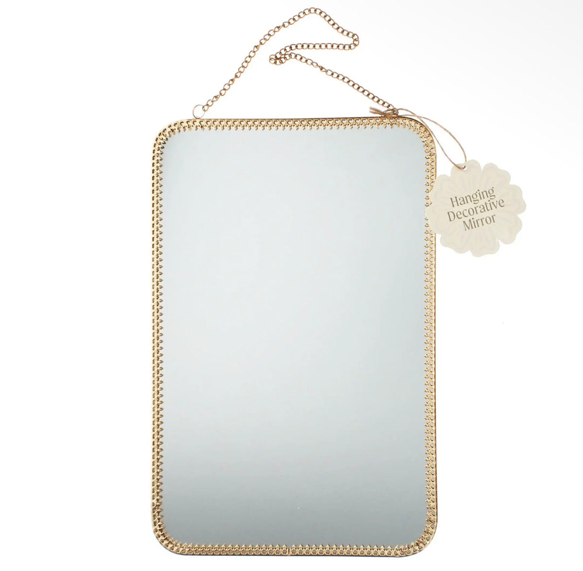 Rectangular hanging mirror with rounded corners, a slim gold-tone frame and delicate chain.