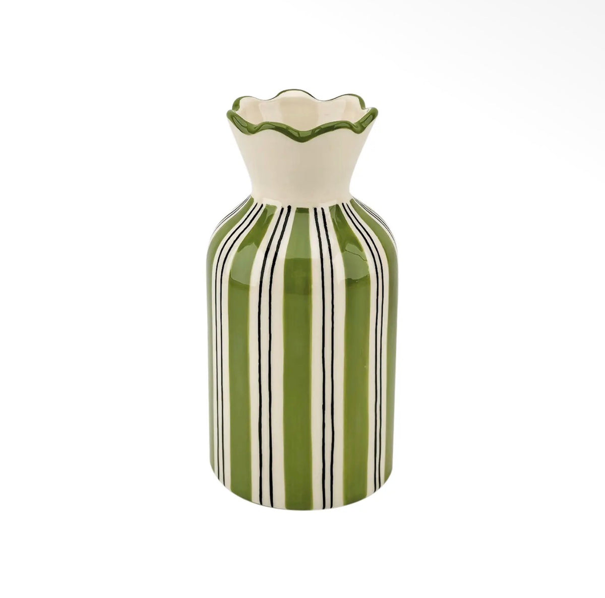 green and cream striped vase with fine black detailing and a decorative ruffled scalloped rim.