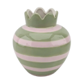 Round green and pale pink striped vase with a glossy finish and decorative wavy crown-style rim.