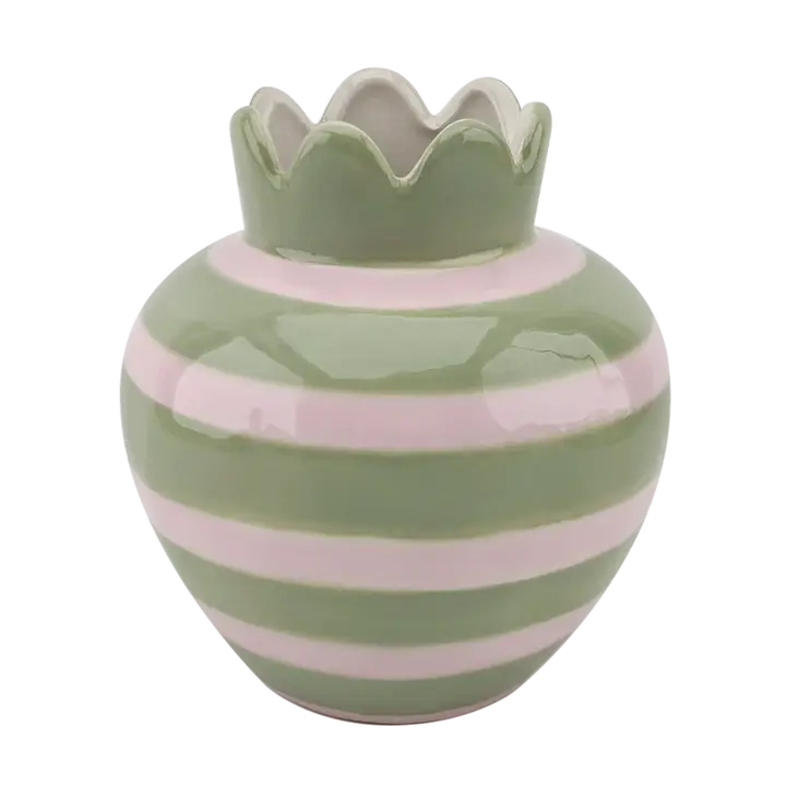 Round green and pale pink striped vase with a glossy finish and decorative wavy crown-style rim.