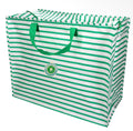 Large green and white striped storage bag with green carry handles and a zip fastening across the top.