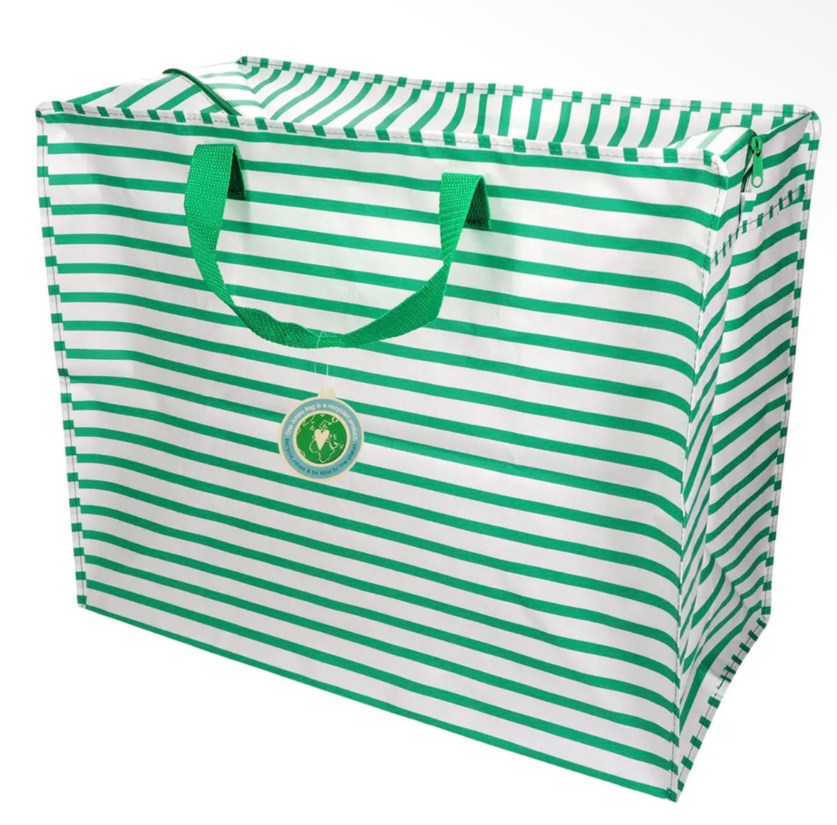 Large green and white striped storage bag with green carry handles and a zip fastening across the top.