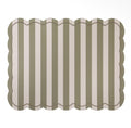 Rectangular khaki green and cream striped placemat with a scalloped edge and green stitched border.