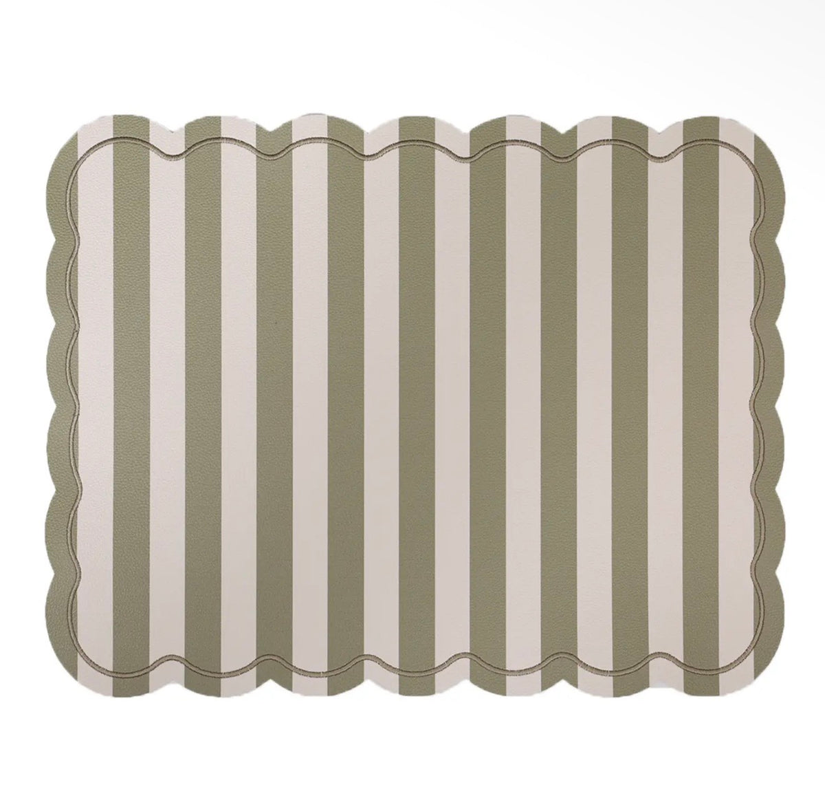 Rectangular khaki green and cream striped placemat with a scalloped edge and green stitched border.
