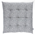 Square padded seat cushion with an all-over grey and cream trailing leaf pattern.