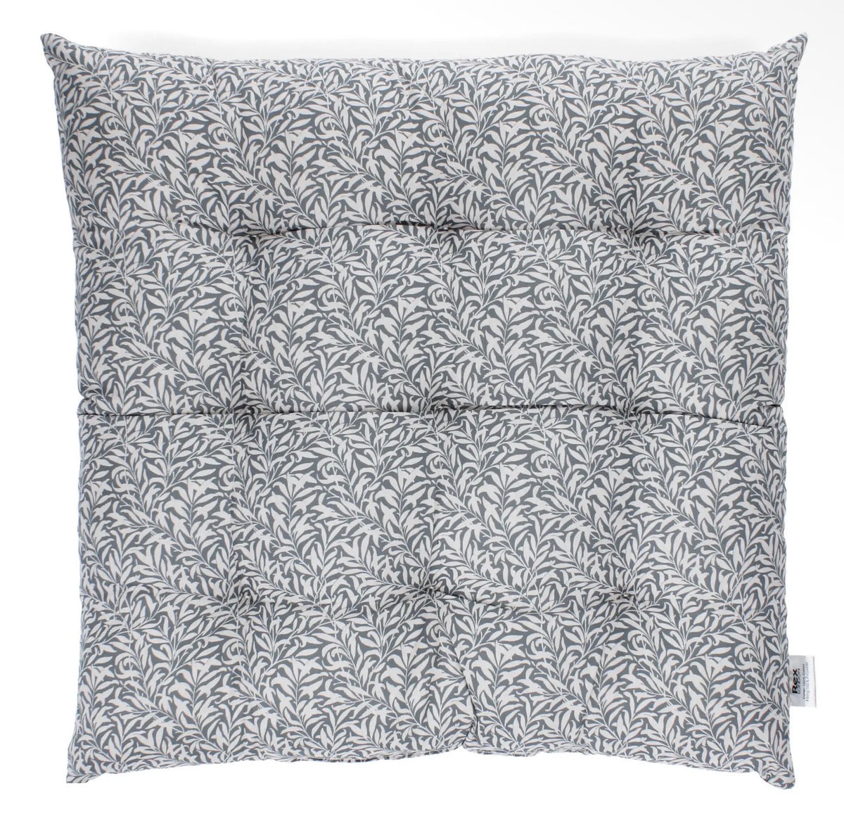 Square padded seat cushion with an all-over grey and cream trailing leaf pattern.