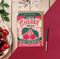 Pink and red I Love You Cherry Much greeting card with illustrated cherries, green leaves and white flowers.