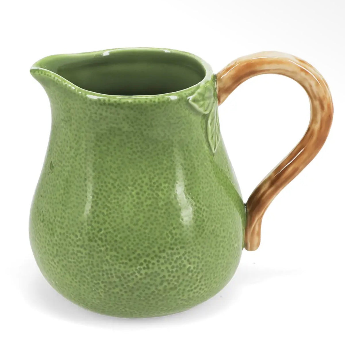 Lime green stoneware jug with a speckled finish, leaf detail and contrasting brown curved handle.