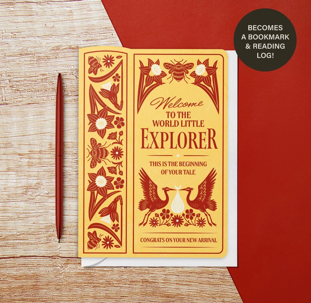 Yellow and red Little Explorer new baby greeting card with floral and stork illustrations and a reusable bookmark and reading log.