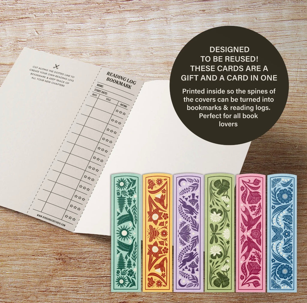 Inside of birthday greeting card showing the detachable bookmark and reading log feature.