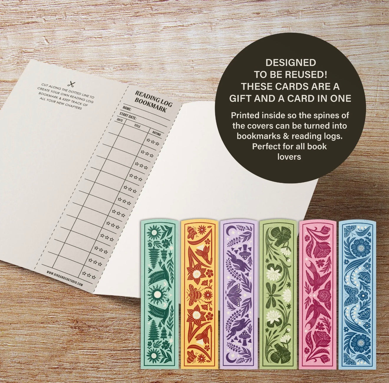 Inside of birthday greeting card showing the detachable bookmark and reading log feature.