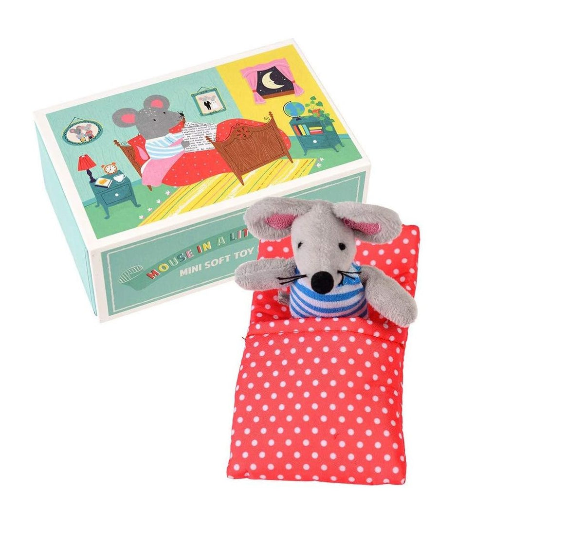 Grey mini mouse soft toy wearing a blue striped top tucked into a red polka dot bed beside its illustrated house-shaped box.
