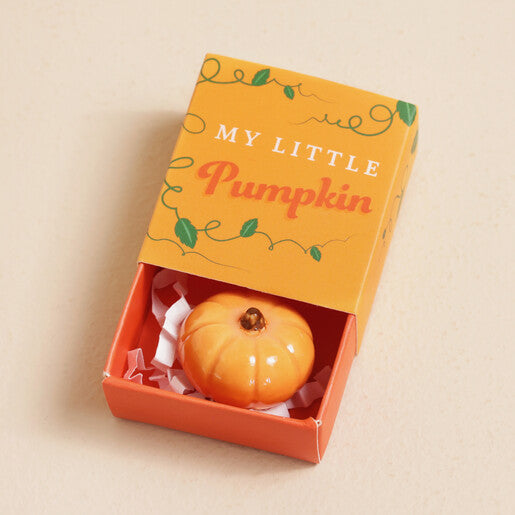Ceramic pumpkin keepsake token presented in an orange matchbox with the message “My Little Pumpkin”.