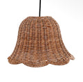 Natural woven rattan pendant lampshade with a flared shape and decorative scalloped edge.