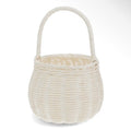 Small natural woven wicker basket with a rounded shape and tall curved carry handle.