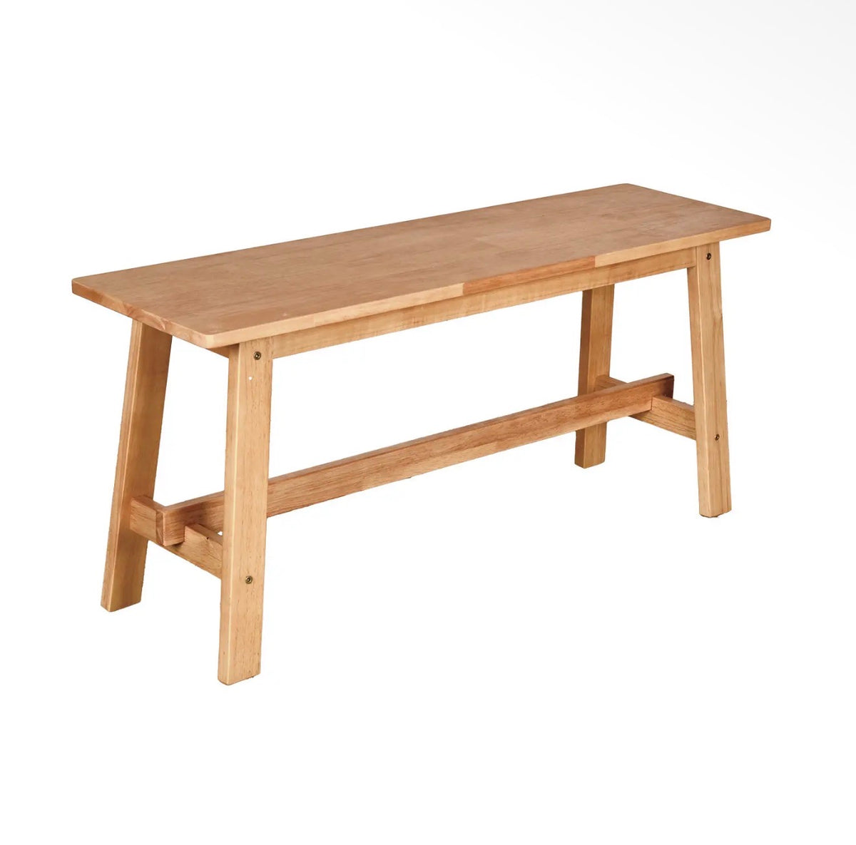 Natural wood dining bench with a rectangular seat, angled legs and supporting stretcher bar.