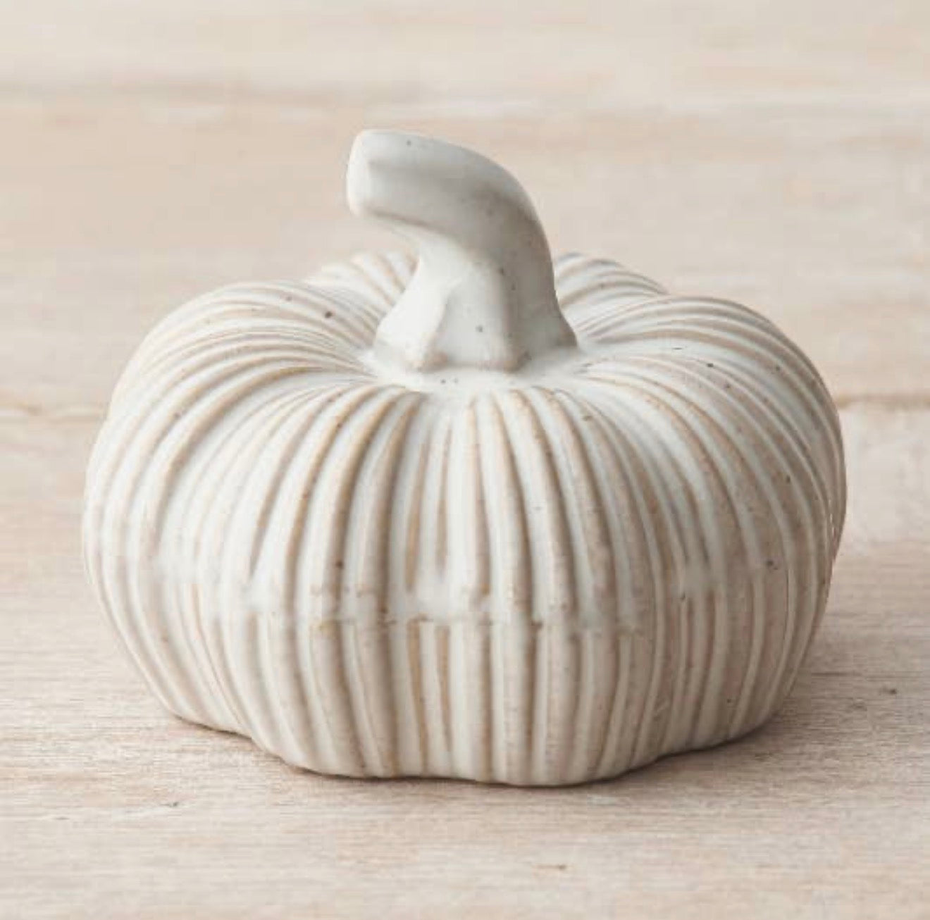 Neutral ribbed ceramic pumpkin ornament for autumn home décor and seasonal styling.