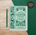 Green New Chapter congratulations greeting card with botanical and bird illustrations, featuring a reusable bookmark and reading log.