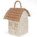 Cream woven rattan cottage house basket with a natural brown roof, carry handle, windows and small door.