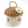 Mushroom-shaped woven rattan house basket with a brown domed roof, carry handle, windows and miniature door.