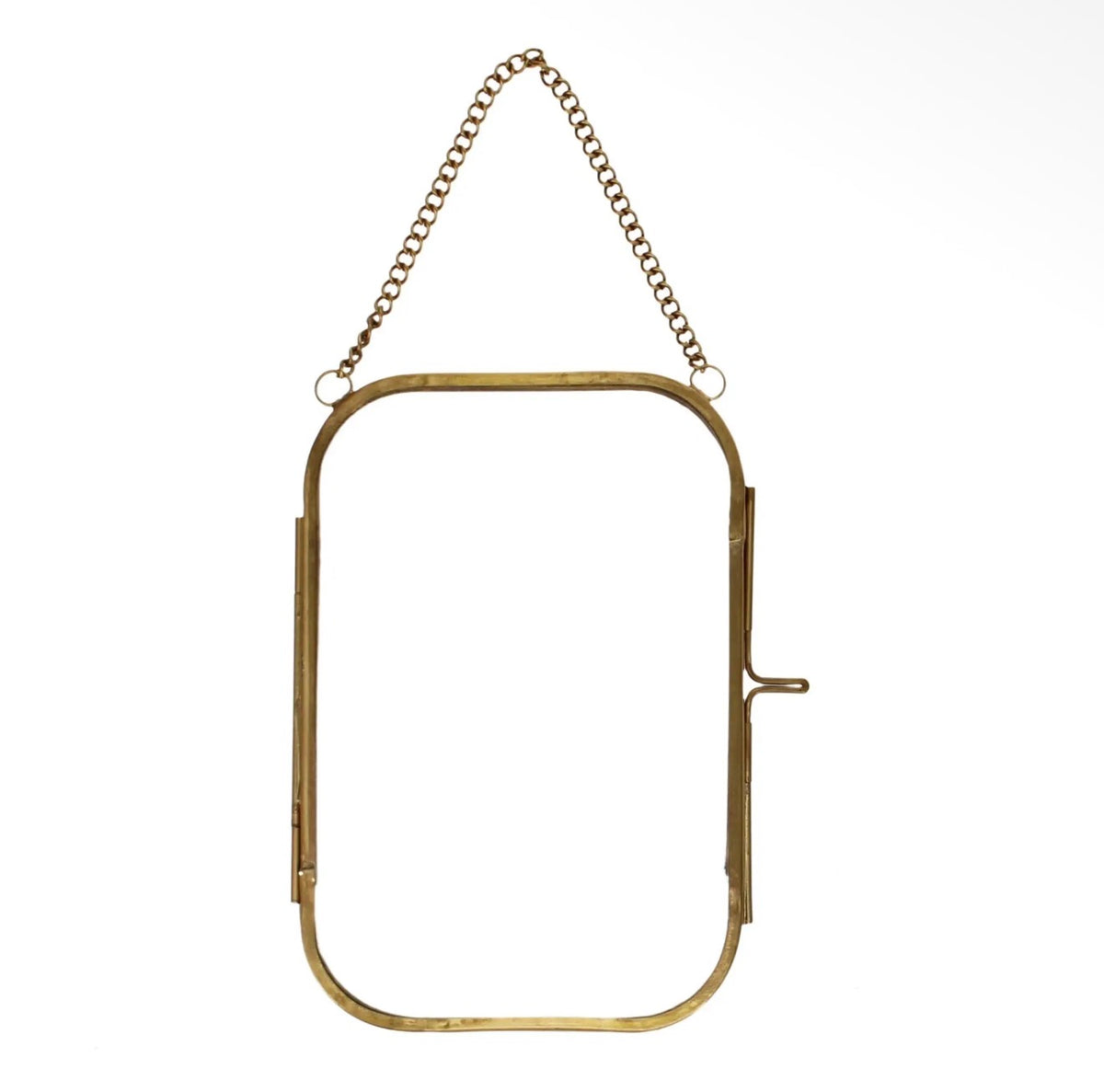 Rounded rectangular brass hanging photo frame with a delicate chain and side clasp.