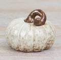 Rustic cream ceramic pumpkin ornament with a brown curled stalk and distressed finish for autumn home décor.