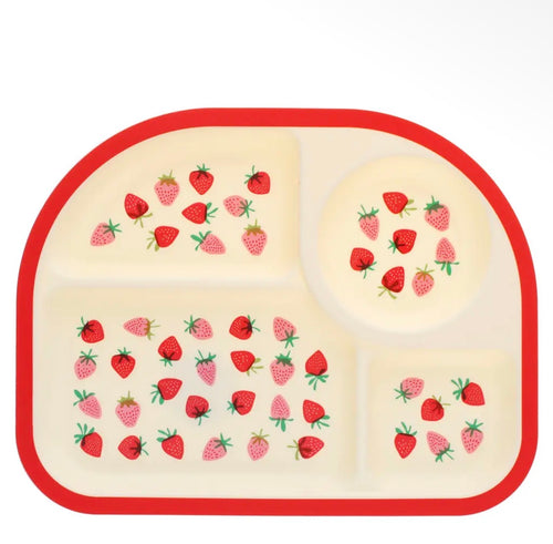Cream four-section toddler plate decorated with red and pink strawberries and finished with a bright red border.