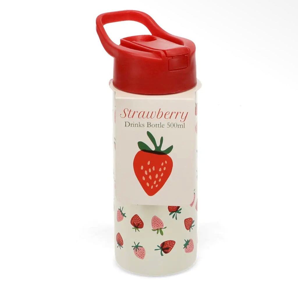 500ml cream drinks bottle decorated with red and pink strawberries and a bright red flip-top drinking lid.