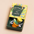 Ceramic yellow flower in a tiny orange plant pot presented in a colourful matchbox with the message “Thank You for Helping Me Grow”.